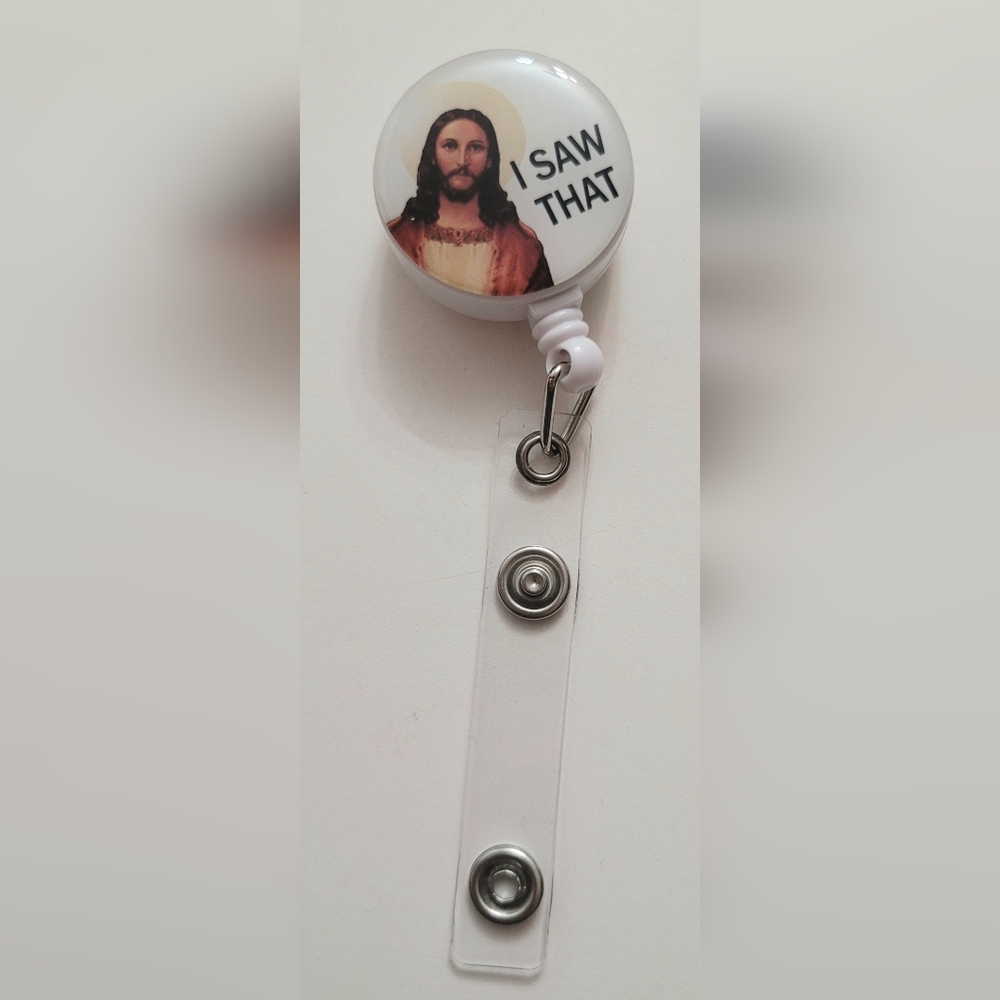 White Name Badge Holder with 'I Saw That' Design